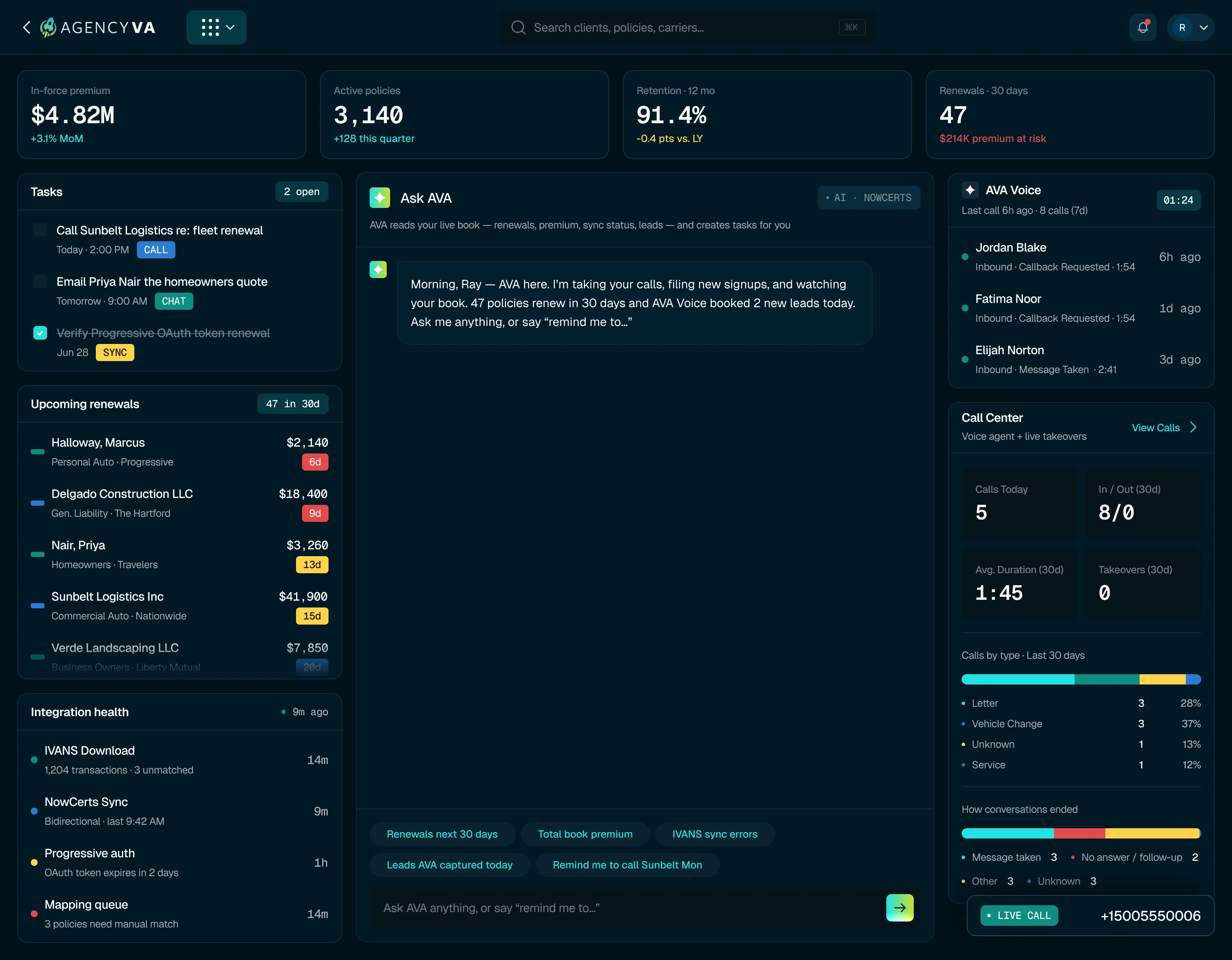 AVA Insurance OS dashboard